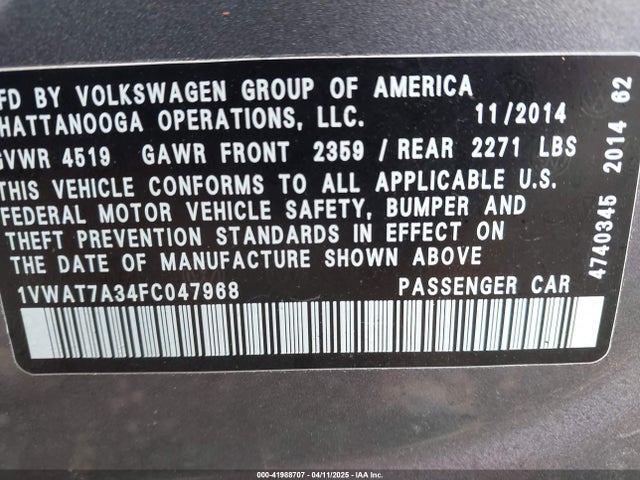 1VWAT7A34FC047968 Volkswagen Passat 1.8t Wolfsburg Edition