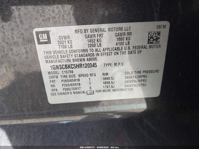 1GNSCBKC5HR120345 Chevrolet Tahoe Lt