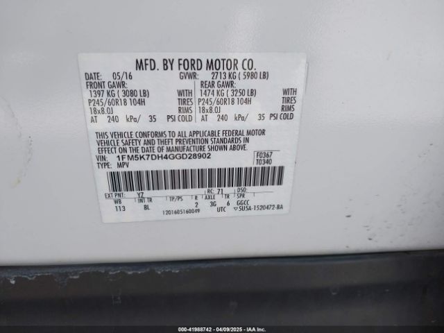1FM5K7DH4GGD28902 Ford EXPLORER XLT