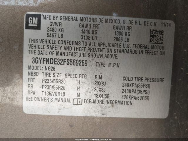 3GYFNDE32FS569269 Cadillac Srx Premium Collection