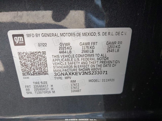 3GNAXKEV3NS233071 Chevrolet Equinox Fwd Lt