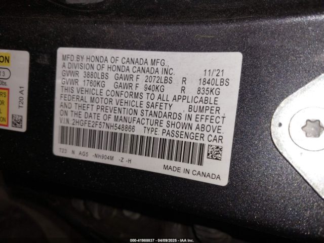 2HGFE2F57NH548866 Honda Civic Sport