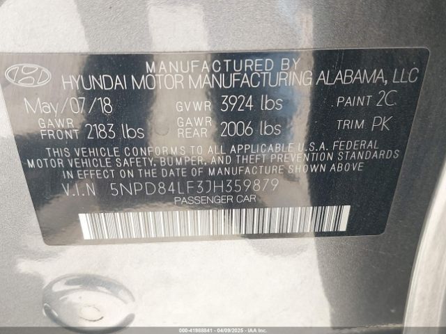 5NPD84LF3JH359879 Hyundai ELANTRA SEL