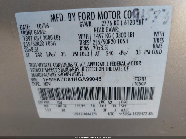 1FM5K7D81HGA99046 Ford 3.5l ti-vct