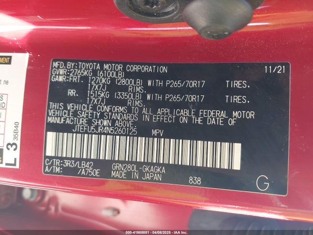 JTEFU5JR4N5260125 Toyota 4runner Sr5 Premium