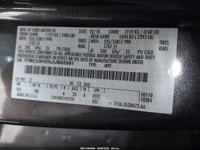 1FMCU9HD6JUB65991 Ford ESCAPE SEL