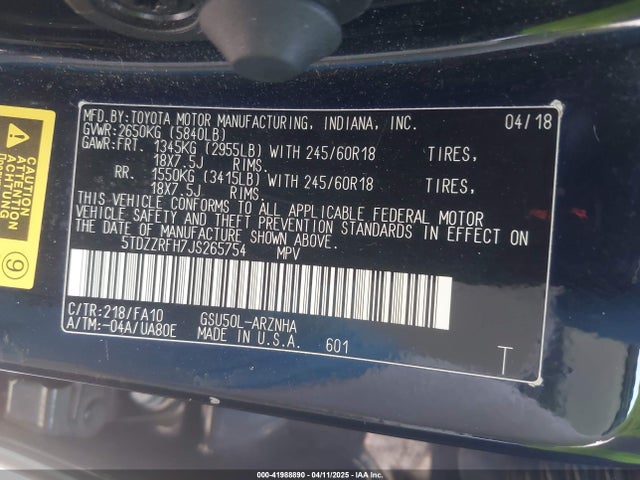 Toyota Highlander Le Plus 2018 5TDZZRFH7JS265754 Image 9