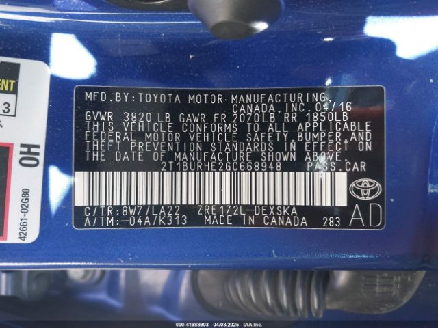 2T1BURHE2GC668948 Toyota Corolla S Premium