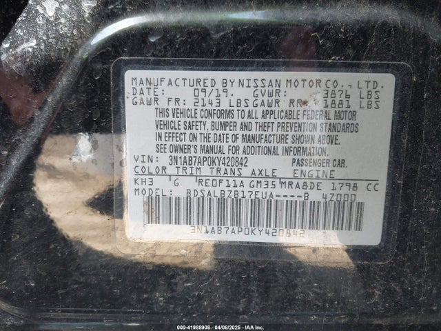 3N1AB7AP0KY420842 Nissan SENTRA S