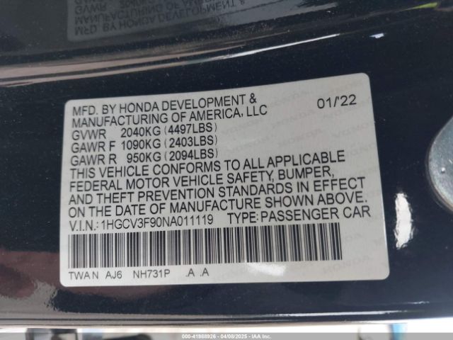 1HGCV3F90NA011119 Honda Accord Hybrid Touring