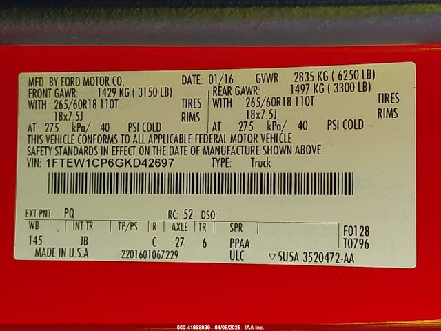 1FTEW1CP6GKD42697 Ford F-150 Xlt