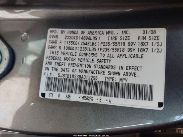 2008 ACURA RDX 5J8TB18238A012296 Photo 8