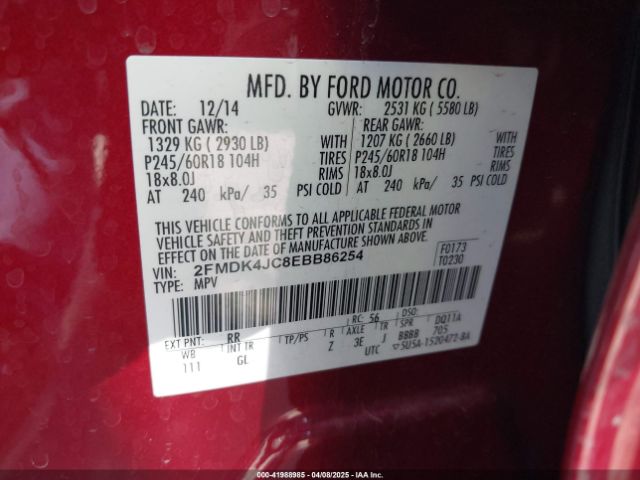 2FMDK4JC8EBB86254 Ford EDGE SEL