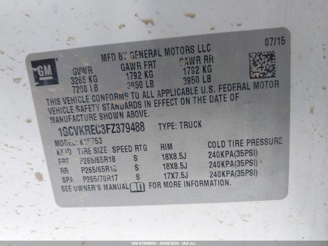 1GCVKREC3FZ379488 Chevrolet Silverado 1500 1lt