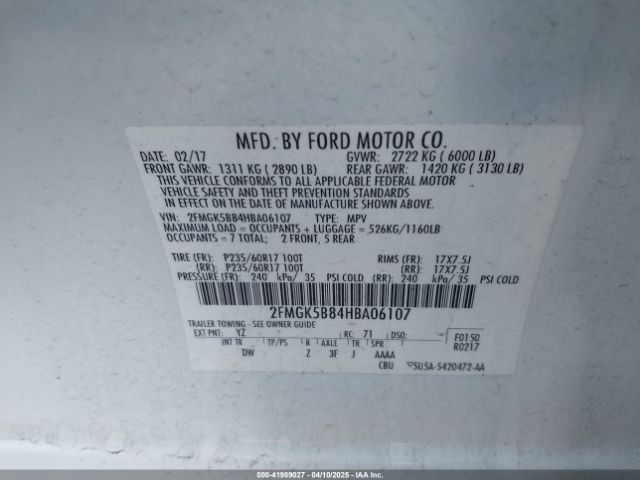 2FMGK5B84HBA06107 Ford FLEX SE