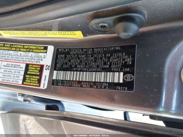 4T1B11HK2JU560383 Toyota CAMRY SE