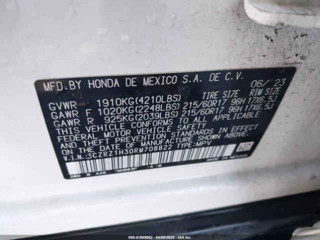 3CZRZ1H30RM708822 Honda Hr-v 2wd Lx