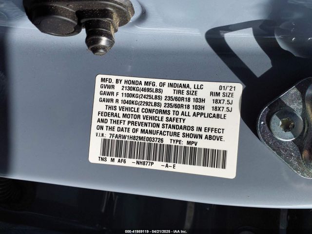 7FARW1H82ME003726 Honda Cr-v 2wd Ex-l