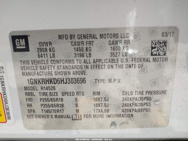 1GNKRHKD6HJ303696 Chevrolet Traverse 2lt