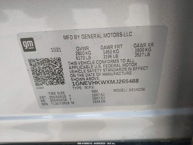 1GNEVHKWXMJ265488 Chevrolet Traverse Awd Lt Leather