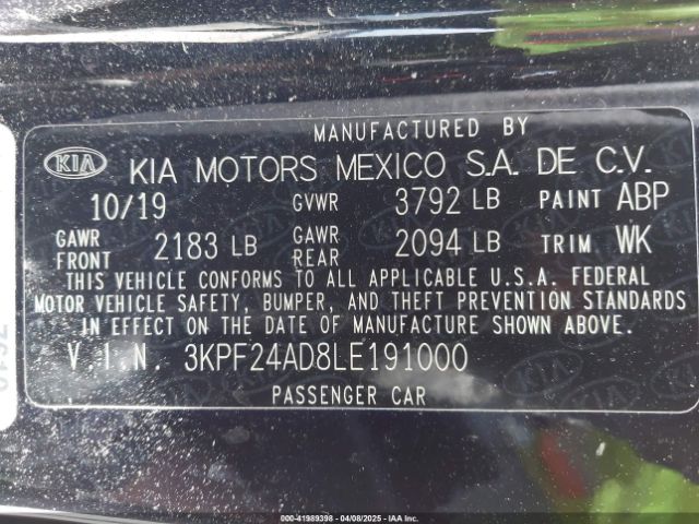 3KPF24AD8LE191000 KIA Forte Lxs