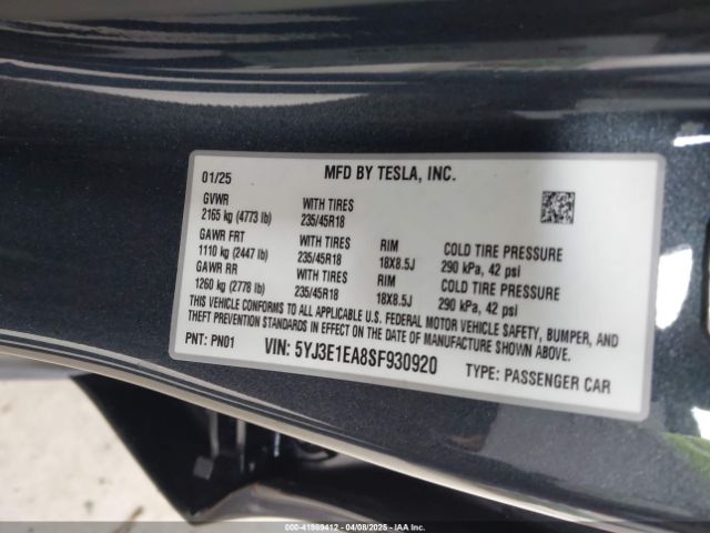 5YJ3E1EA8SF930920 Tesla Model 3 Long Range Rear-wheel Drive
