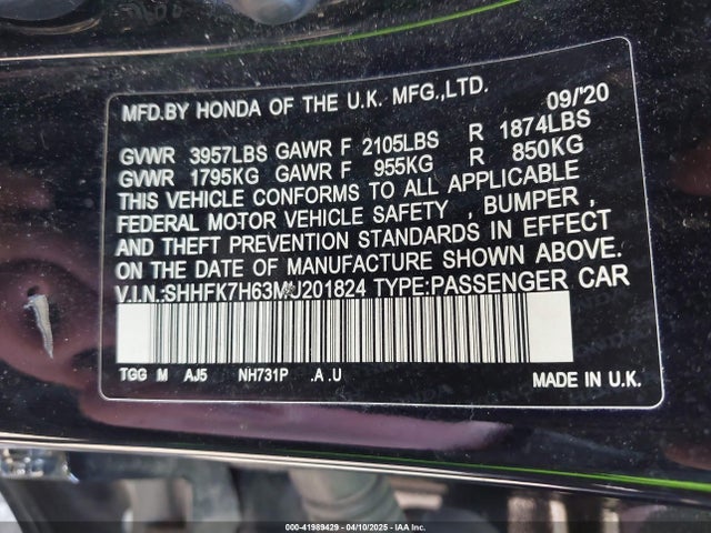 SHHFK7H63MU201824 Honda CIVIC EX