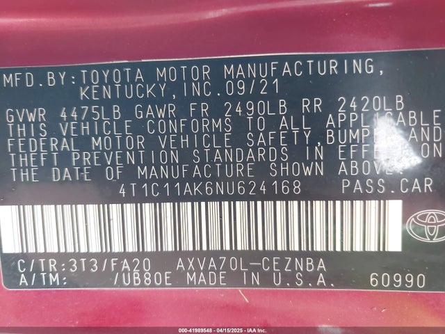 4T1C11AK6NU624168 Toyota CAMRY LE