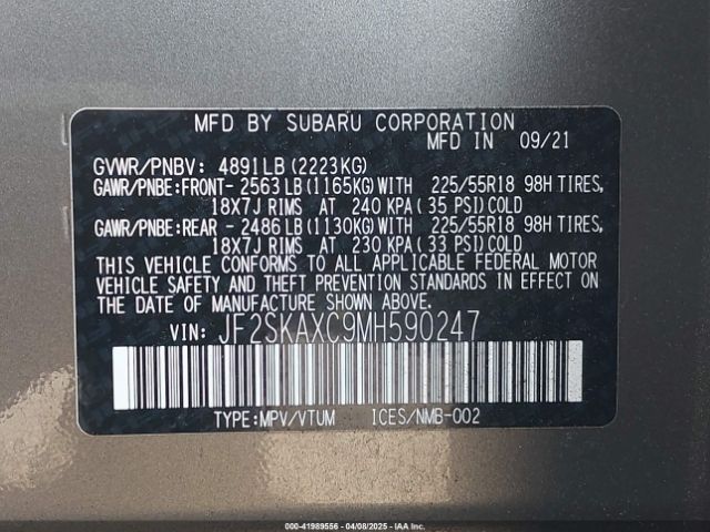 JF2SKAXC9MH590247 Subaru Forester Touring