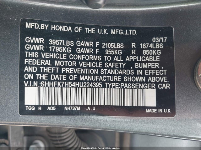SHHFK7H54HU224395 Honda CIVIC EX