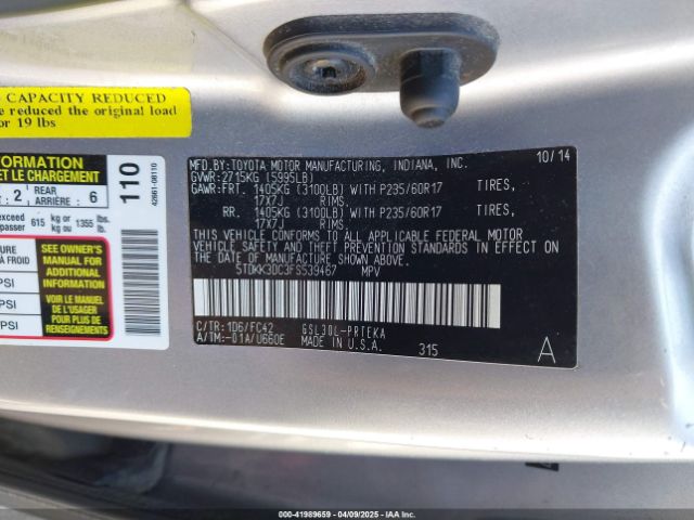 5TDKK3DC3FS539467 Toyota Sienna Le 8 Passenger