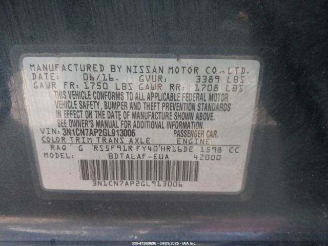 3N1CN7AP2GL913006 Nissan Versa 1.6 S