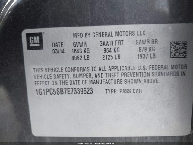 1G1PC5SB7E7339623 Chevrolet Cruze 1lt Auto