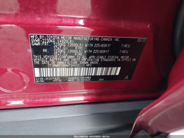 2T3RWRFV8NW134433 Toyota Rav4 Hybrid Xle
