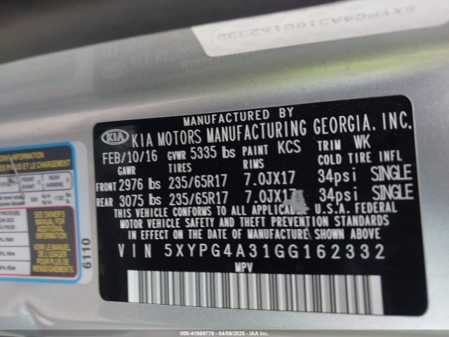 5XYPG4A31GG162332 KIA Sorento 2.4l Lx
