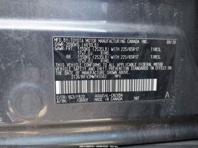 2T3G1RFV2MW145562 Toyota RAV4 LE