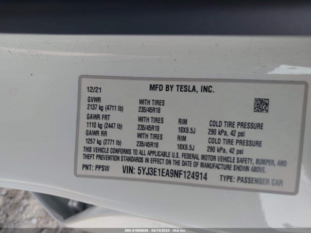 2022 TESLA MODEL 3 5YJ3E1EA9NF124914 Photo 8