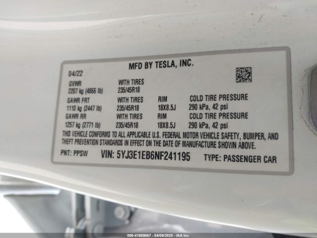 5YJ3E1EB6NF241195 Tesla Model 3 Long Range Dual Motor All-wheel Drive