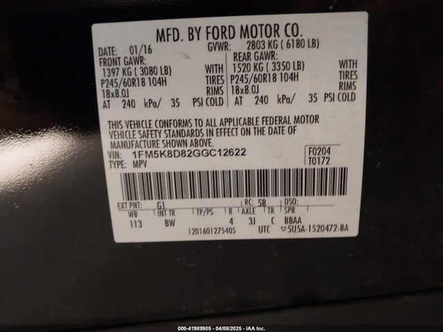 1FM5K8D82GGC12622 Ford EXPLORER XLT