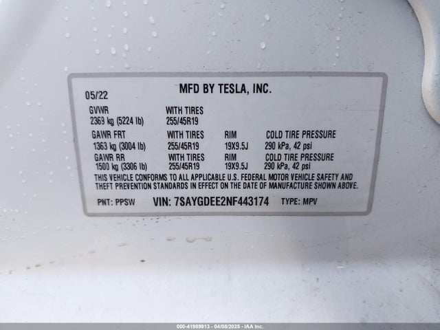 2022 TESLA MODEL Y 7SAYGDEE2NF443174 Photo 8