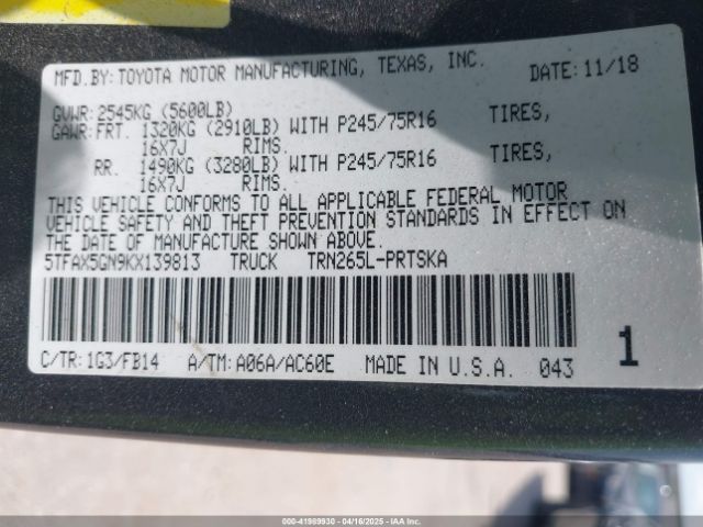 5TFAX5GN9KX139813 Toyota Tacoma Sr