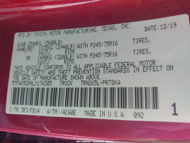 5TFAX5GN9LX174305 Toyota Tacoma Sr