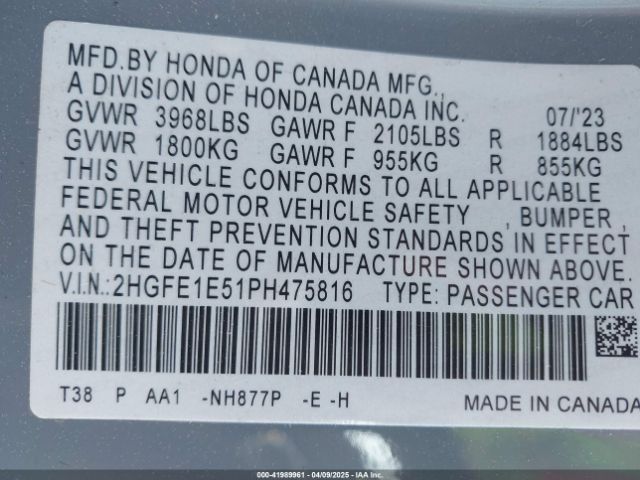 2HGFE1E51PH475816 Honda CIVIC SI SEDAN