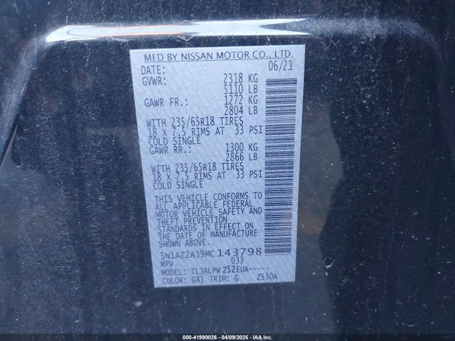 5N1AZ2AJ9MC143798 Nissan Murano S Fwd
