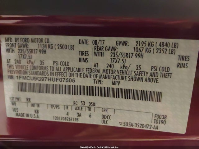 1FMCU9G97HUF07505 Ford ESCAPE SE