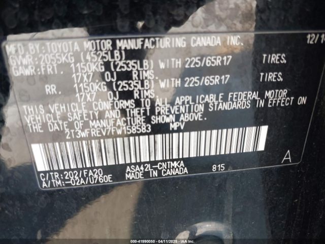 2T3WFREV7FW158583 Toyota Rav4 Xle