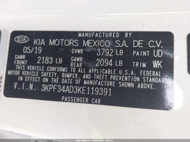 3KPF34AD3KE119391 KIA FORTE S
