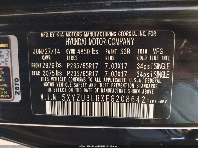 5XYZU3LBXEG208642 Hyundai gdi theta