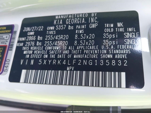 5XYRK4LF2NG135832 KIA Sorento Sx Prestige