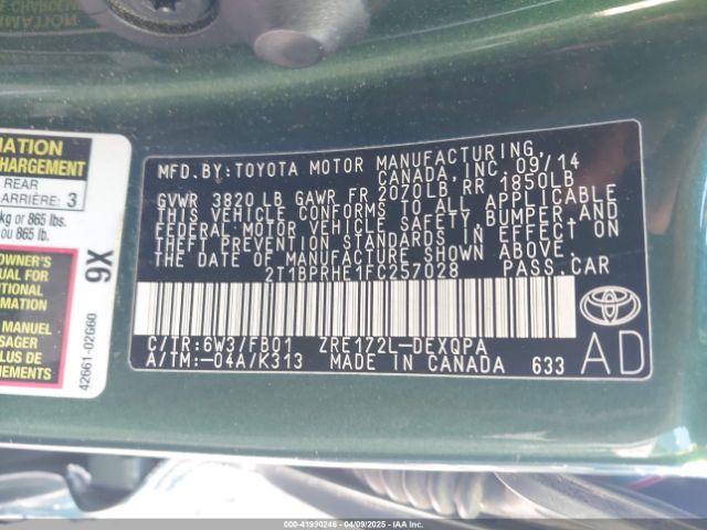 2T1BPRHE1FC257028 Toyota Corolla Le Eco